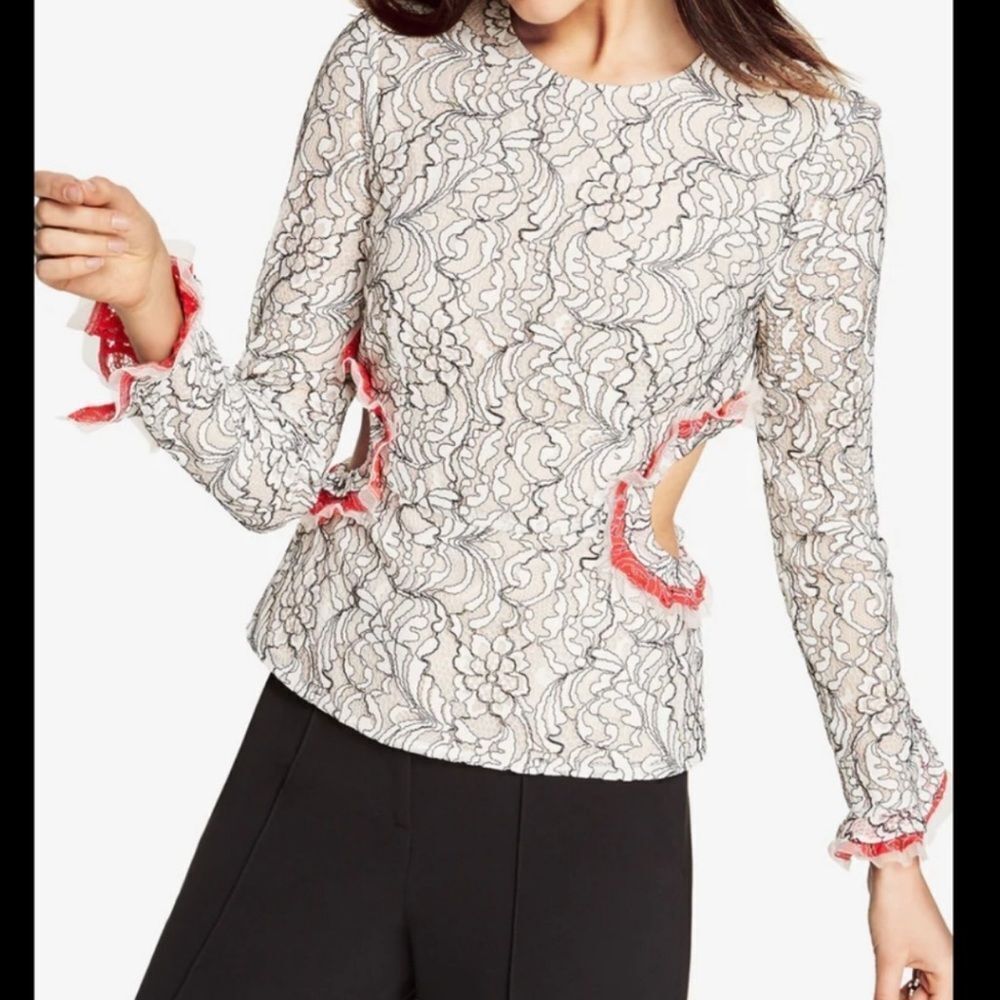 BCBG Haven Lace Top Long Sleeve Ruffle Unique Party SZ XXS